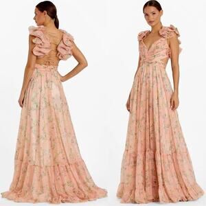 Mac Duggal 4 Pink Floral Ruffle Cutout Dress